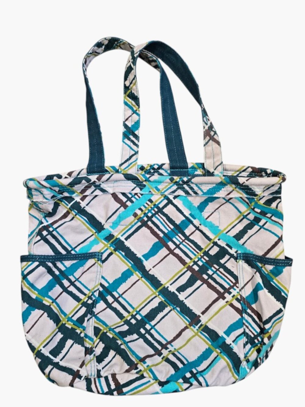 THIRTY-ONE Retro Metro Sea Plaid Canvas Double Handle Tote Bag Shoulder Purse